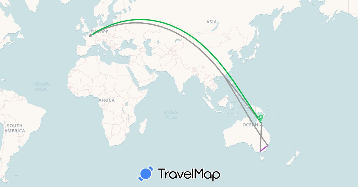 TravelMap itinerary: driving, bus, plane, train, boat in Australia, France, Hong Kong (Asia, Europe, Oceania)